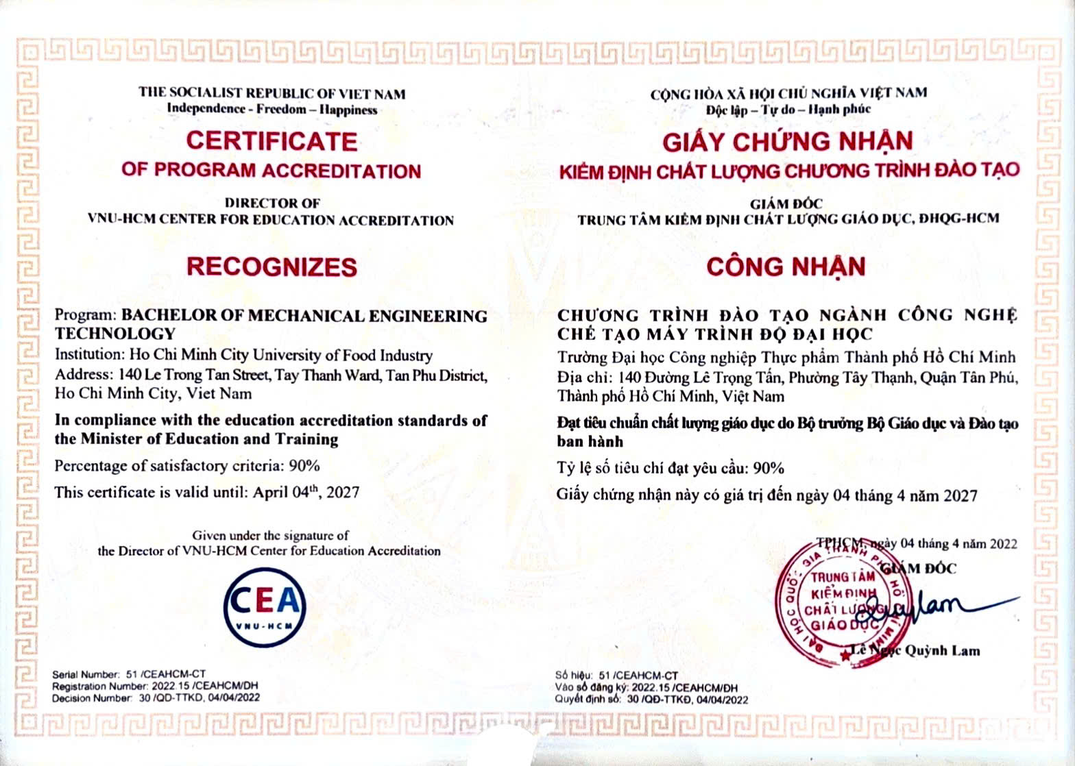 Chứng nhận kiểm định chương trình đào tạo đại học ngành công nghệ chế tạo máy