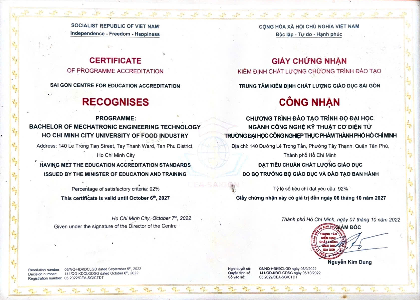 Chứng nhận kiểm định chương trình đào tạo ngành công nghệ kỹ thuật cơ điện tử