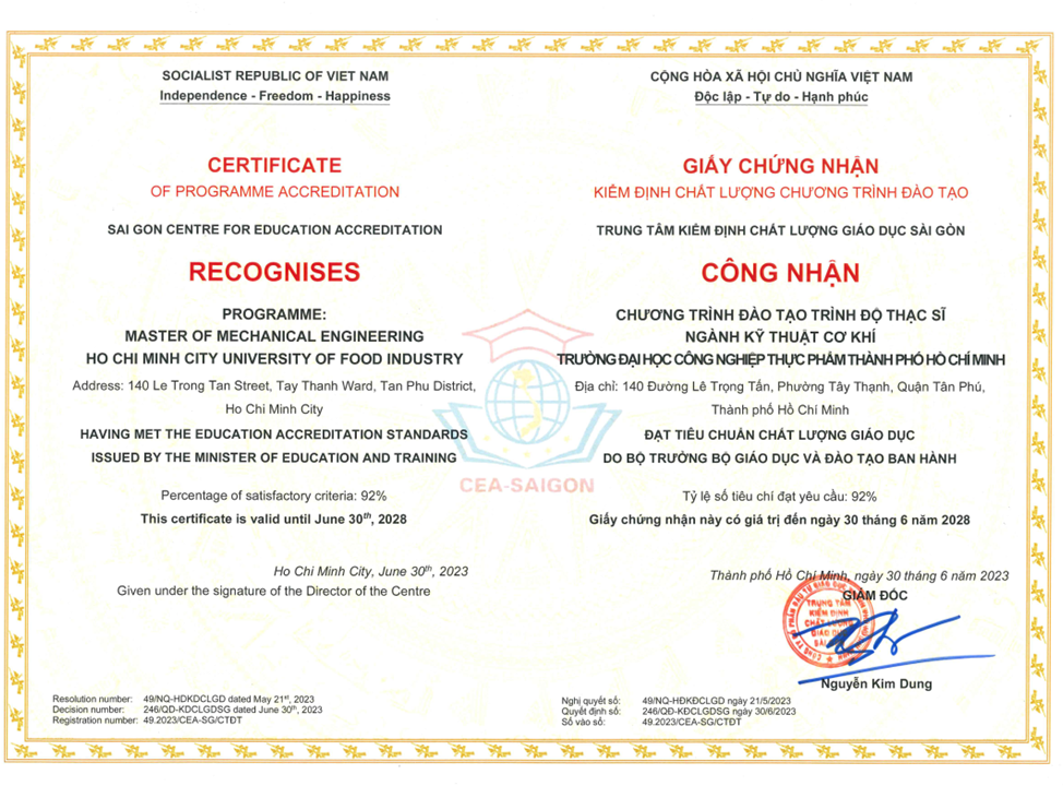 Chứng nhận kiểm định chương trình đào tạo thạc sĩ ngành kỹ thuật cơ khí