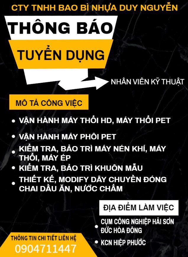 Công ty TNHH bao bì nhựa DUY NGUYỄN tuyển dụng Nhân  viên Kỹ thuật năm 2022